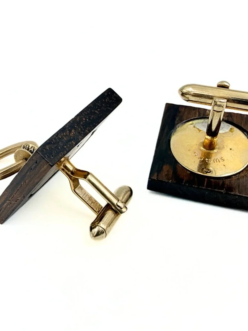 Swank Signed MCM Square Wood Gold Plated Door Knocker Brutalist Cufflinks